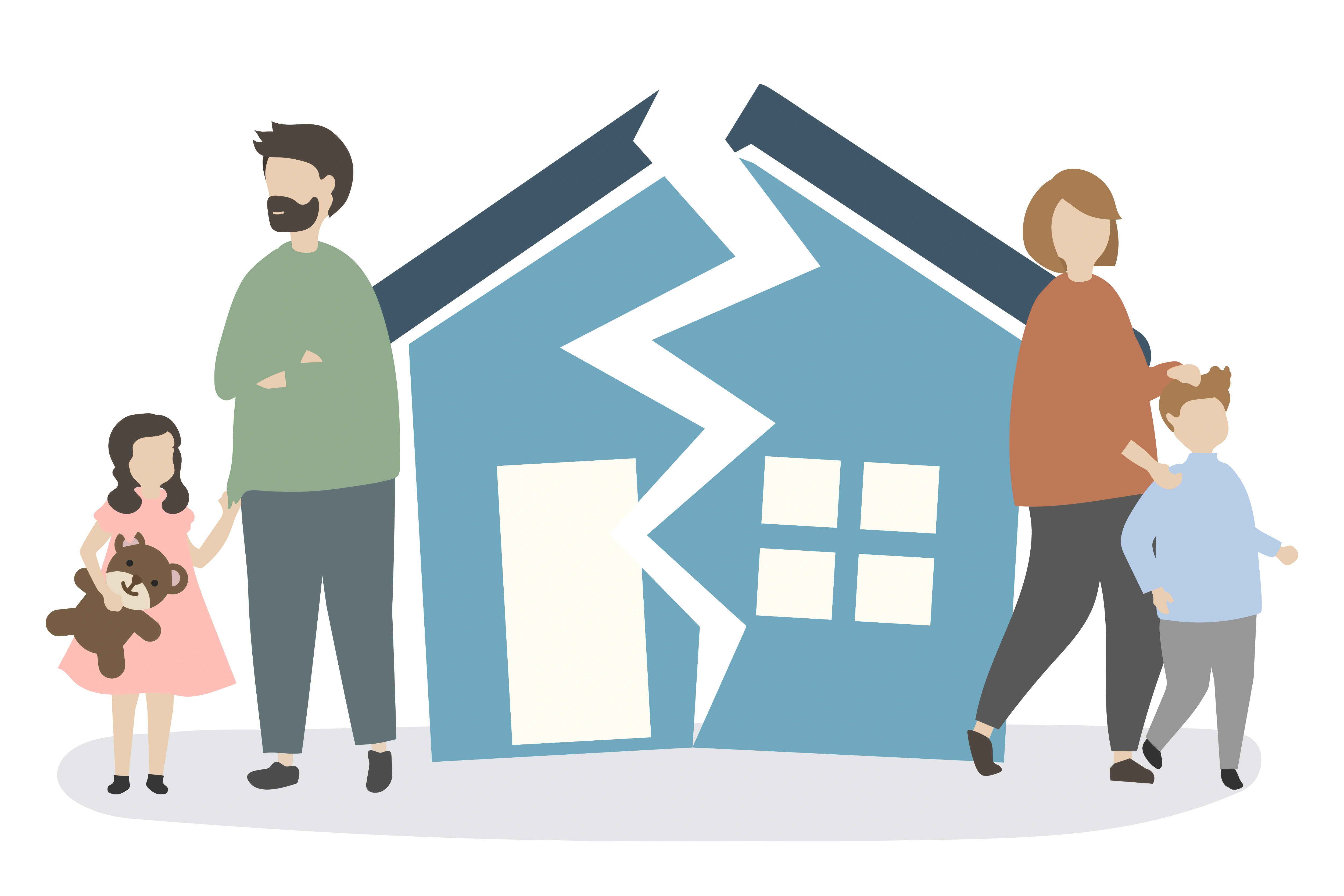 Illustration of a family separating next to a broken house graphic, requiring a divorce real estate agent Orange County.